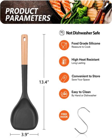 Black Silicone Wok Spatula with Wood Handle