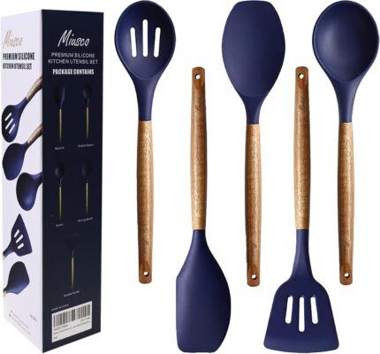 Midnight Blue Silicone and Acacia Utensil Set