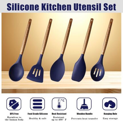 Midnight Blue Silicone and Acacia Utensil Set