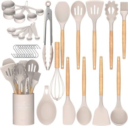 Khaki Silicone Wood Utensil Set