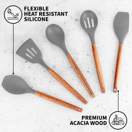 Grey Silicone Acacia Utensil Set